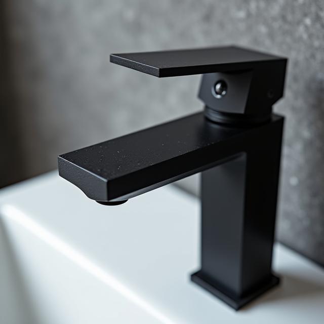 Close-up of a stylish matte black tap and basin.