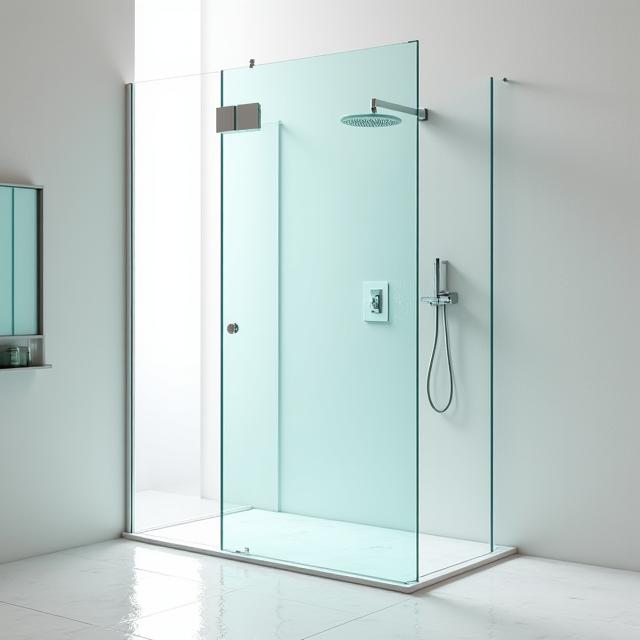 A minimalist frameless glass shower screen in a modern bathroom.