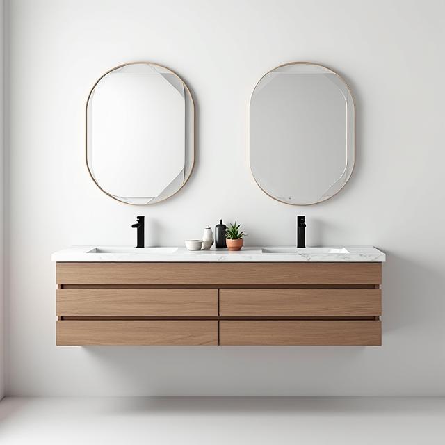 A modern floating bathroom vanity with double sinks.