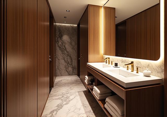 An elegant commercial bathroom in a boutique hotel.