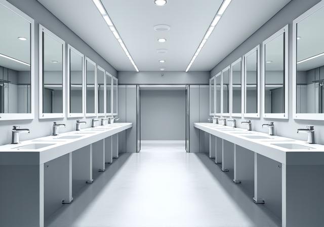 Sleek and professional washrooms in a corporate headquarters.