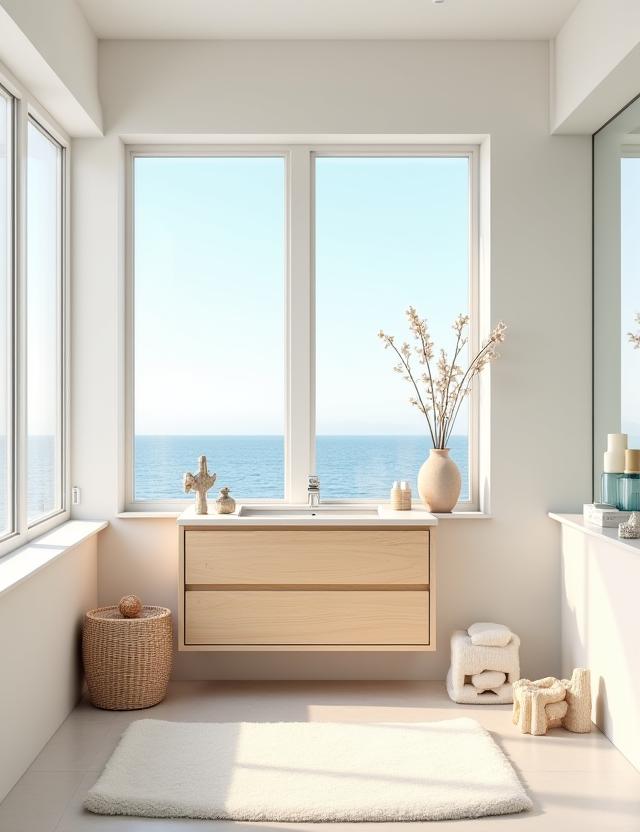 A bright coastal bathroom with a light wood vanity.