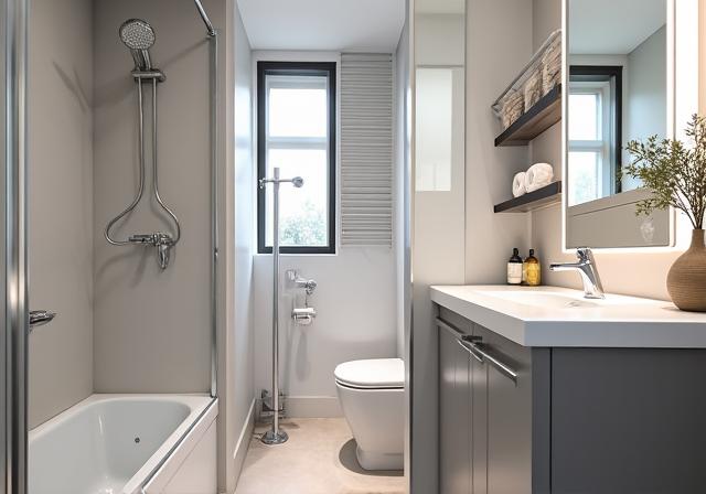 A compact and stylish urban apartment bathroom.