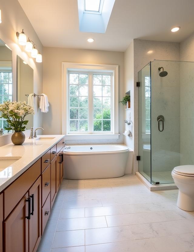A spacious family bathroom with double vanity and large shower.
