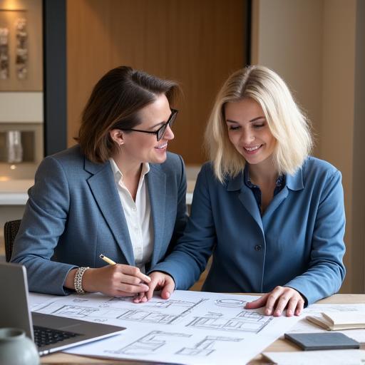 A designer and client discussing bathroom plans.