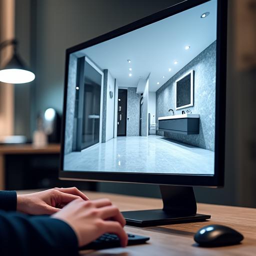 A 3D rendering of a bathroom design on a computer screen.