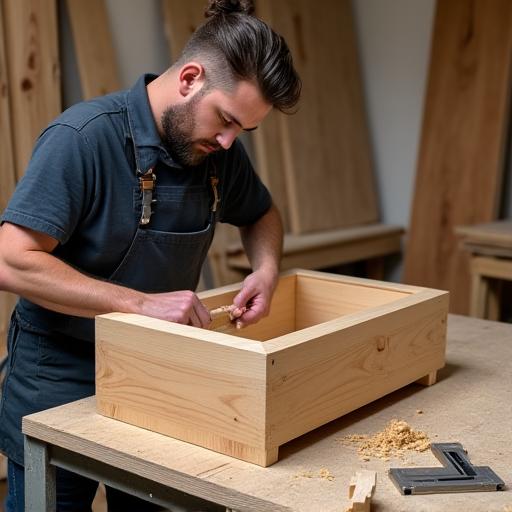 A craftsman working on a custom wooden bathroom vanity.