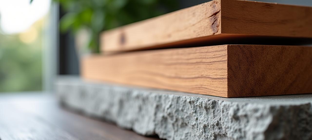 A stack of sustainably sourced timber and a natural stone slab.